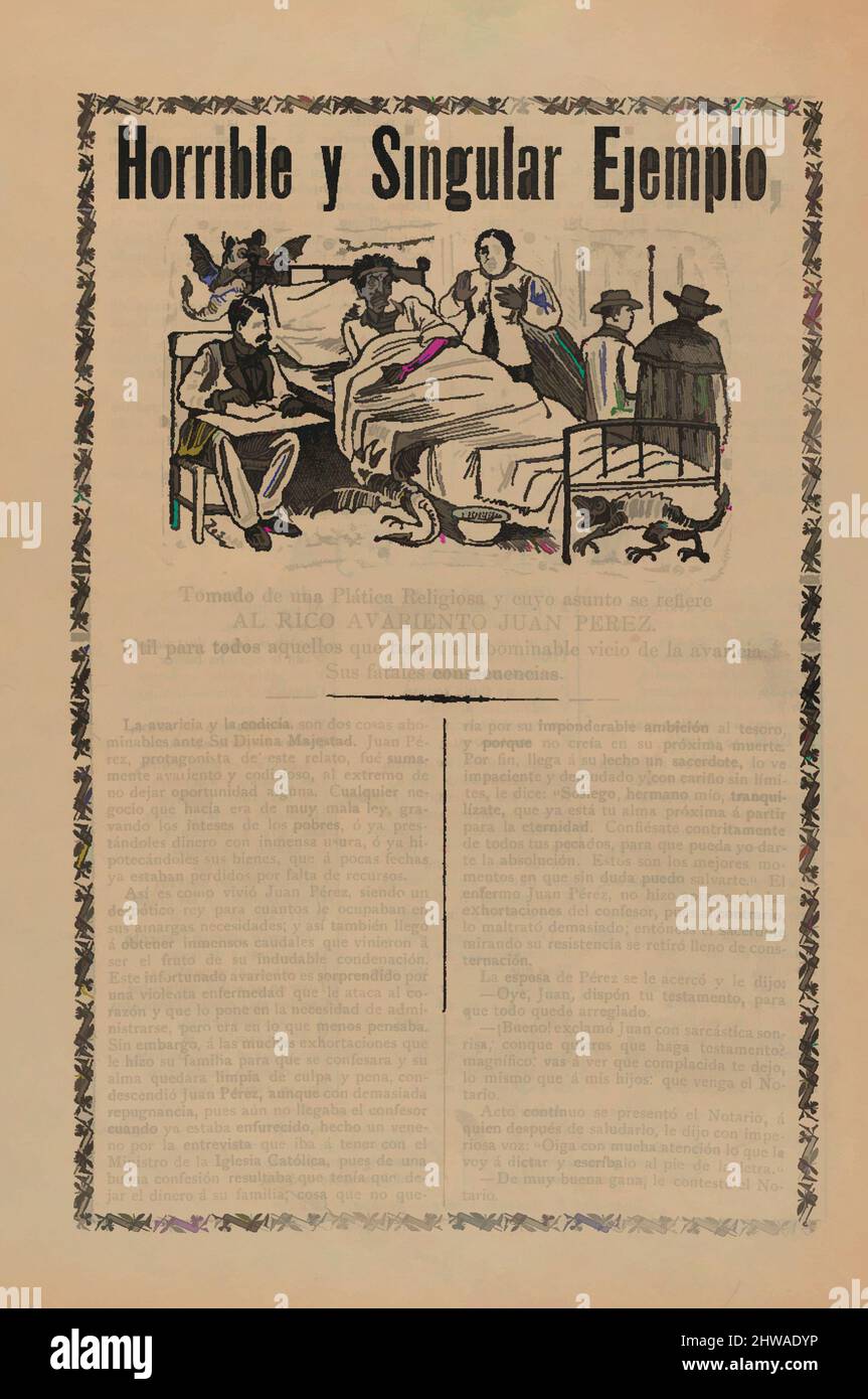 Arte ispirata da Broadsheet che si riferisce alla cupidigia di Juan Pérez e i suoi guadagni finanziari mal ottenuti attraverso la disonestà e swindling la chiesa, opere classiche modernizzate da Artotop con un tuffo di modernità. Forme, colore e valore, impatto visivo accattivante sulle emozioni artistiche attraverso la libertà delle opere d'arte in modo contemporaneo. Un messaggio senza tempo che persegue una nuova direzione selvaggiamente creativa. Artisti che si rivolgono al supporto digitale e creano l'NFT Artotop Foto Stock