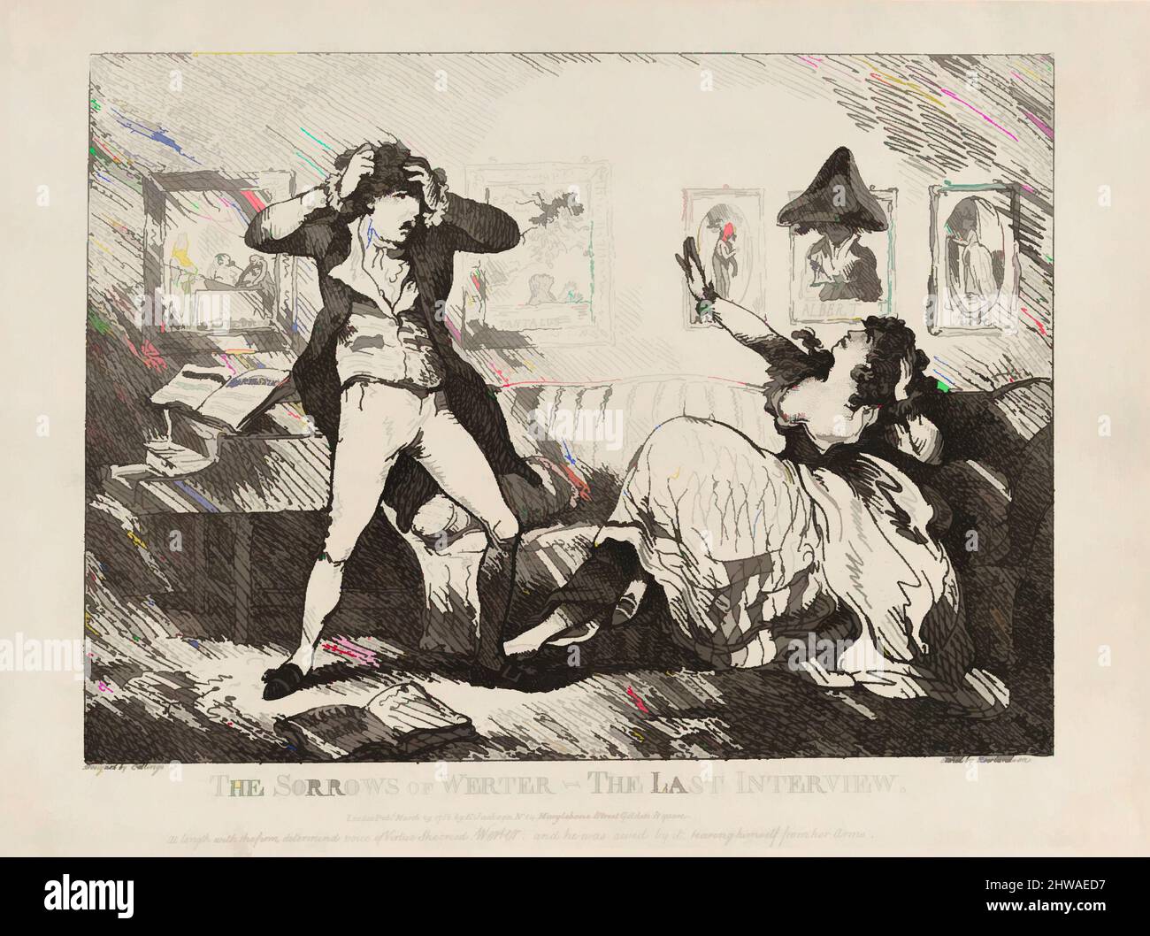 Arte ispirata a disegni e stampe, Stampa, The Sorrows of Werter – The Last Interview, artista, etcher, Editore, dopo, Samuel Collings, opere classiche modernizzate da Artotop con un tuffo di modernità. Forme, colore e valore, impatto visivo accattivante sulle emozioni artistiche attraverso la libertà delle opere d'arte in modo contemporaneo. Un messaggio senza tempo che persegue una nuova direzione selvaggiamente creativa. Artisti che si rivolgono al supporto digitale e creano l'NFT Artotop Foto Stock