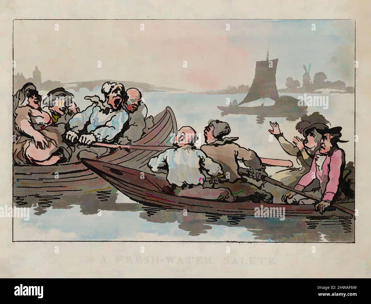 Arte ispirata a disegni e stampe, Stampa, Un saluto d'acqua dolce, artista, Thomas Rowlandson, British, London 1757–1827 London, Rowlandson, Classic opere modernizzate da Artotop con un tuffo di modernità. Forme, colore e valore, impatto visivo accattivante sulle emozioni artistiche attraverso la libertà delle opere d'arte in modo contemporaneo. Un messaggio senza tempo che persegue una nuova direzione selvaggiamente creativa. Artisti che si rivolgono al supporto digitale e creano l'NFT Artotop Foto Stock