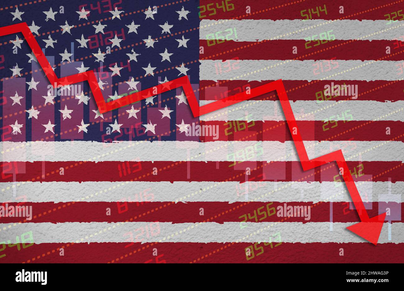 Crisi economica con il grafico del mercato azionario freccia giù in rosso territorio negativo sopra la bandiera degli Stati Uniti dipinta sul muro. Economia e mercato monetario finanziario downtur Foto Stock