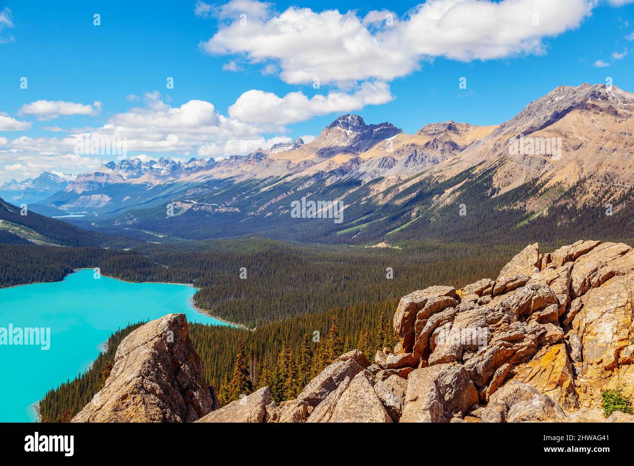Bow Summit nel Parco Nazionale di Banff che si affaccia sul Lago Peyto sulla Icefields Parkway nelle Montagne Rocciose Canadesi. Il lago alimentato dal ghiacciaio è famoso per la sua brigata Foto Stock