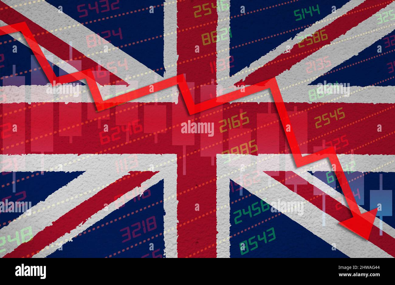 Crisi economica con il grafico del mercato azionario freccia giù in rosso territorio negativo sopra bandiera del Regno Unito dipinta sul muro. Economia e mercato monetario finanziario downtur Foto Stock