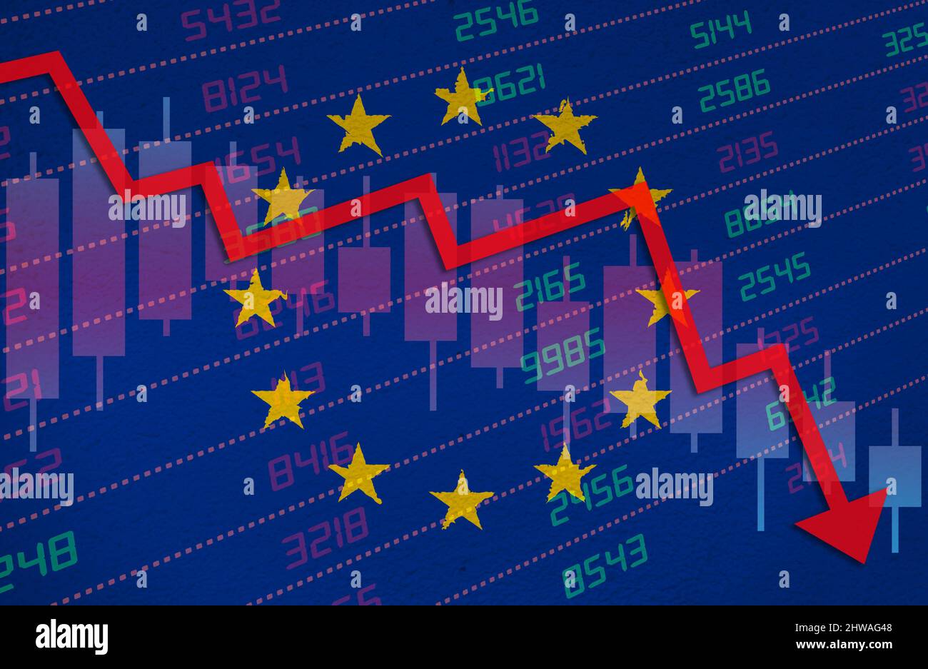 Crisi economica con il grafico del mercato azionario freccia giù in rosso territorio negativo sopra la bandiera dell'Unione europea dipinta sul muro. Affari e denaro finanziario ma Foto Stock