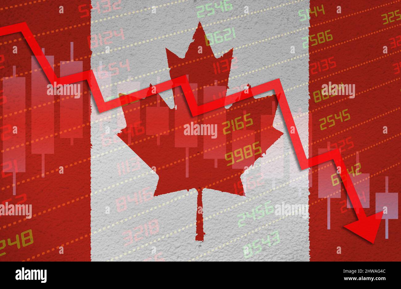 Crisi economica con il grafico del mercato azionario freccia giù in rosso territorio negativo sopra la bandiera canadese dipinta sul muro. Mercato monetario finanziario e finanziario d Foto Stock