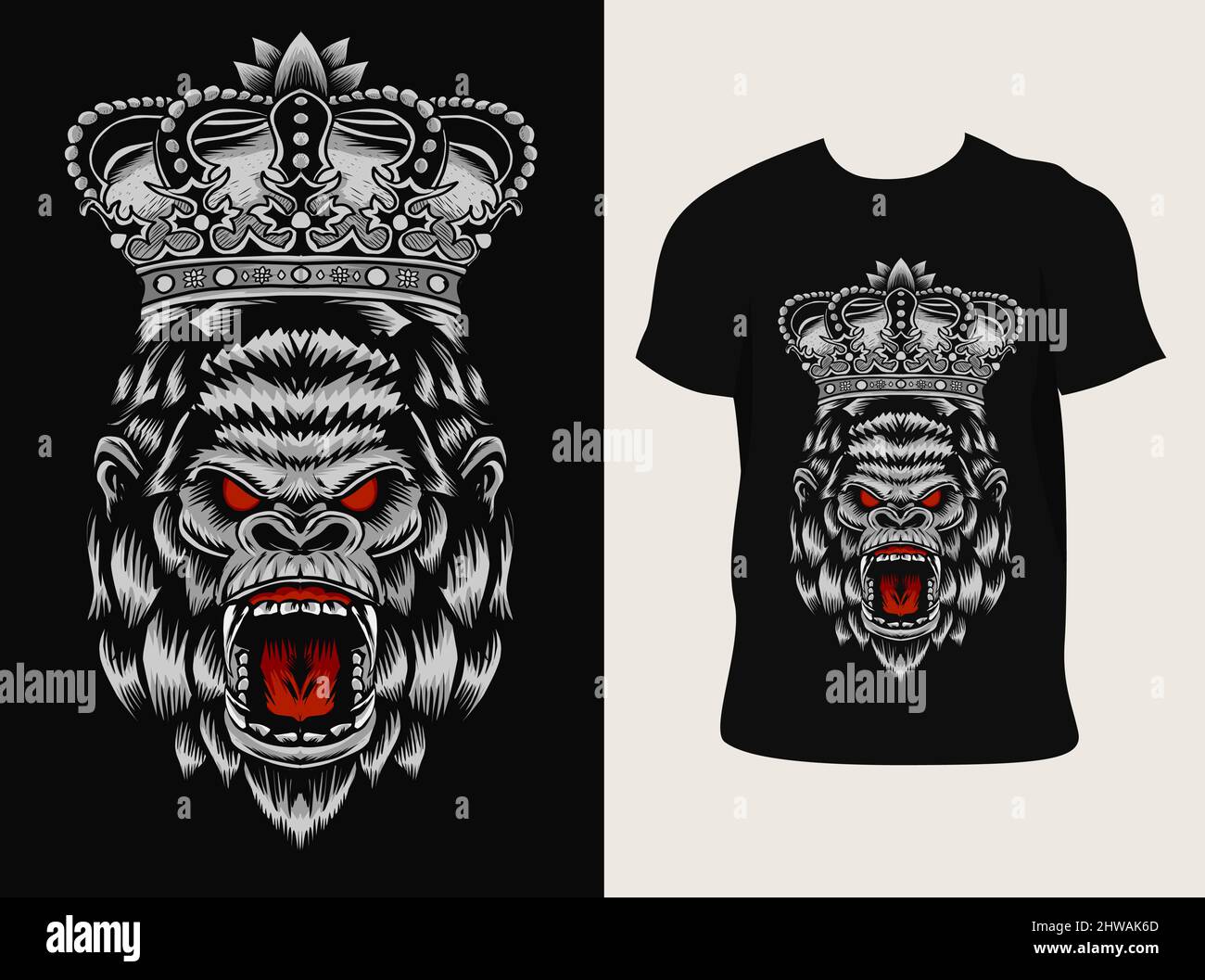 illustrazione vettore re gorilla testa con t shirt design Illustrazione Vettoriale