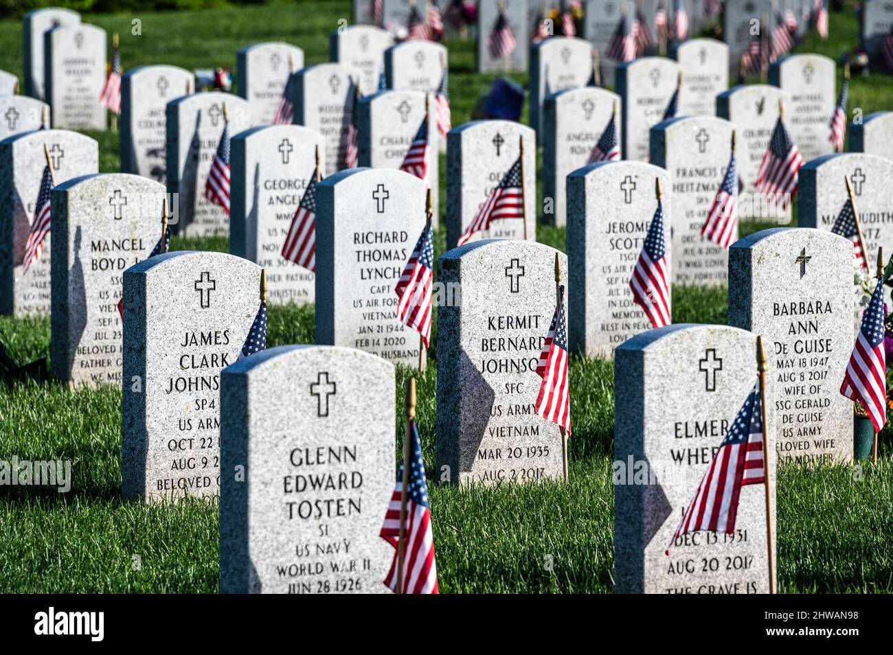 Lapidi e tombe al Tahoma National Cemetery di Kent, Washington il Memorial Day Foto Stock