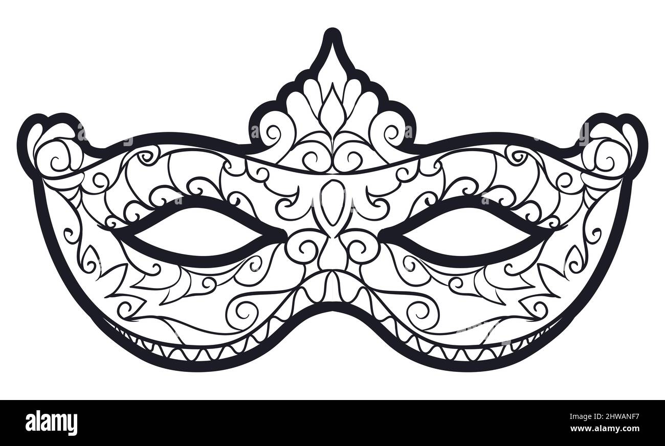 Semimaschera Colombina decorata per il Carnevale di Venezia. Design in stile contorno per colorarlo. Illustrazione Vettoriale