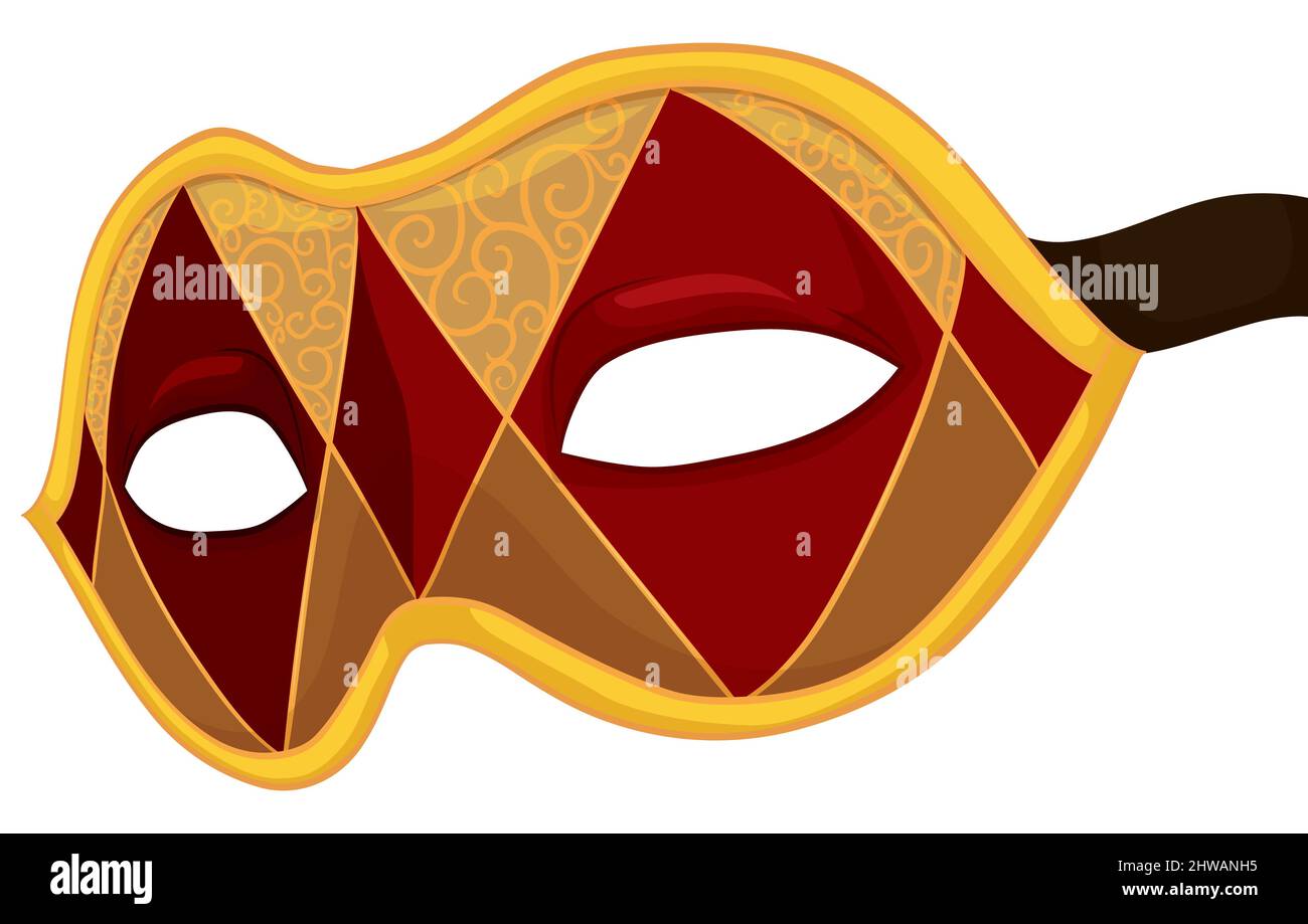 Harlequin design in maschera Colombina, decorata con rombo rosso su giallo e corda, pronta per il Carnevale di Venezia. Illustrazione Vettoriale