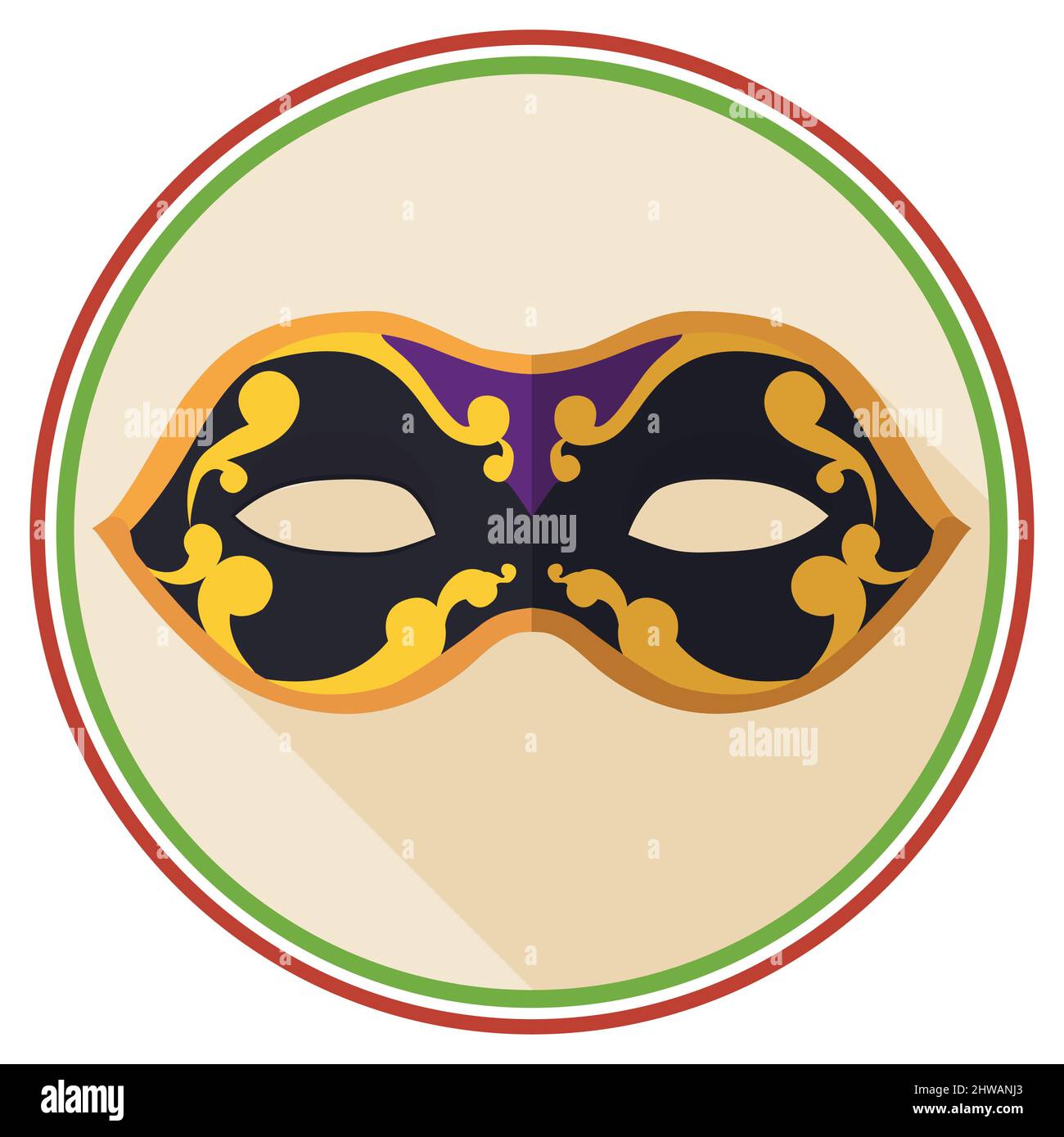 Mezza maschera Colombina nera per il Carnevale di Venezia bottone rotondo con colori italiani. Design in stile piatto e lunga ombra. Illustrazione Vettoriale