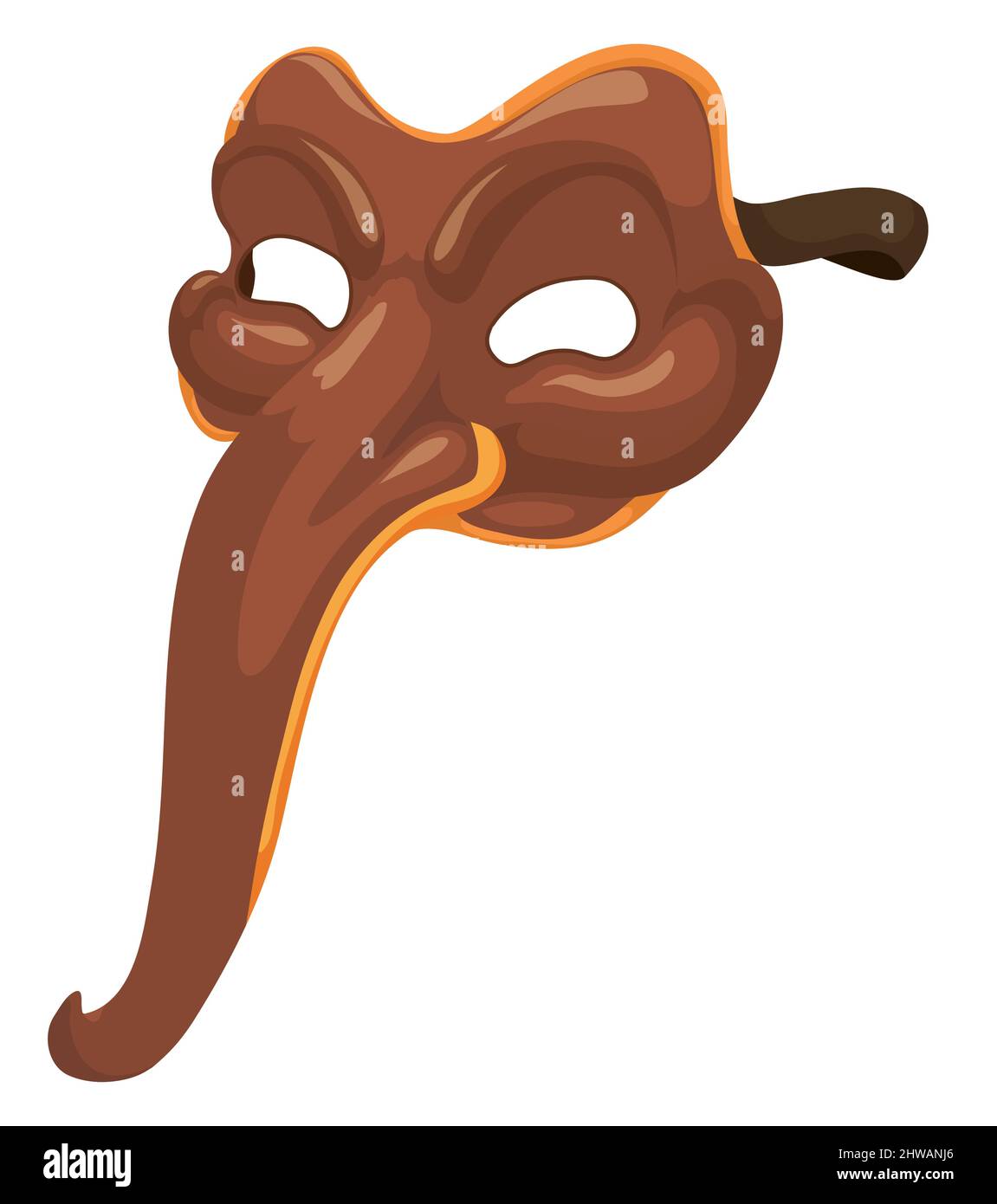 Maschera Zanni classica in pelle, decorata con bordo dorato e corda. Design in stile cartoon, isolato su sfondo bianco. Illustrazione Vettoriale