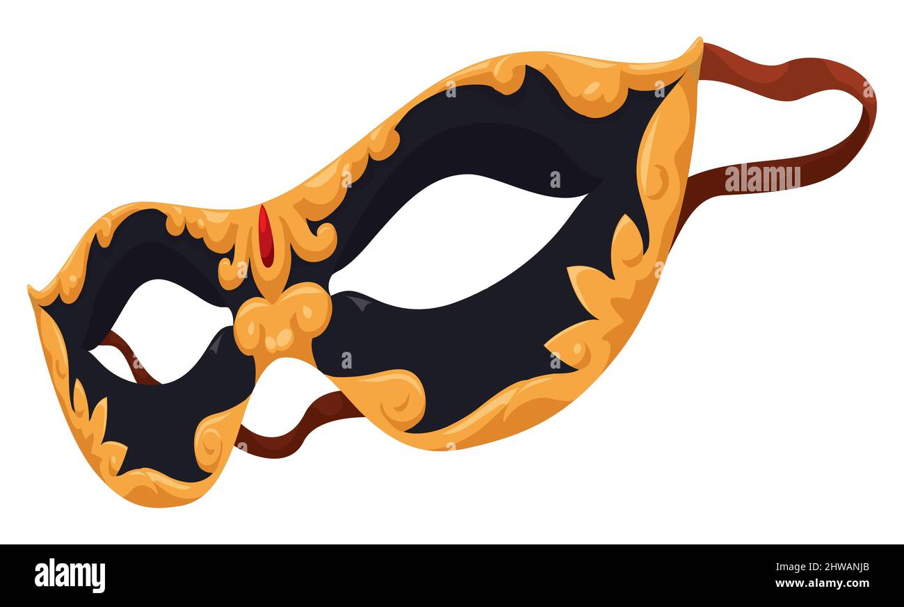 Elegante semimaschera Colombina nera dal design dorato, perla e corda per il Carnevale di Venezia. Illustrazione Vettoriale