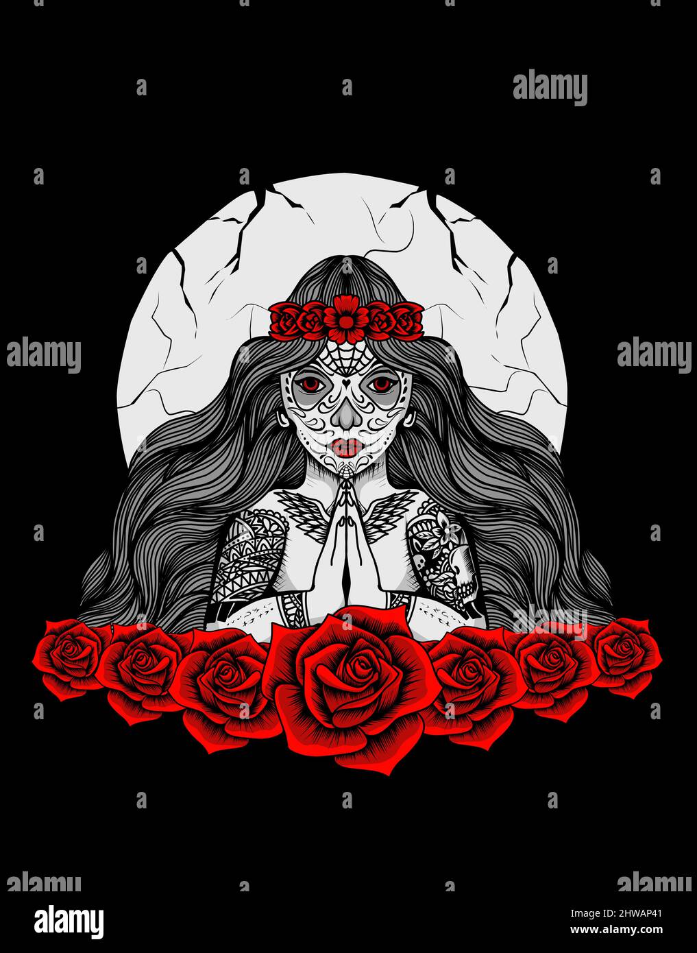 Illustrazione vettore zucchero teschio donna con tatuaggio in mano e fiore di rosa. Illustrazione Vettoriale