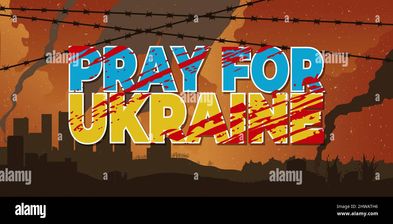 Sfondo orizzontale pregare per l'Ucraina. Concetto di preghiera della bandiera Ucraina con città distrutta e illustrazione del vettore del filo del barbo. Illustrazione Vettoriale