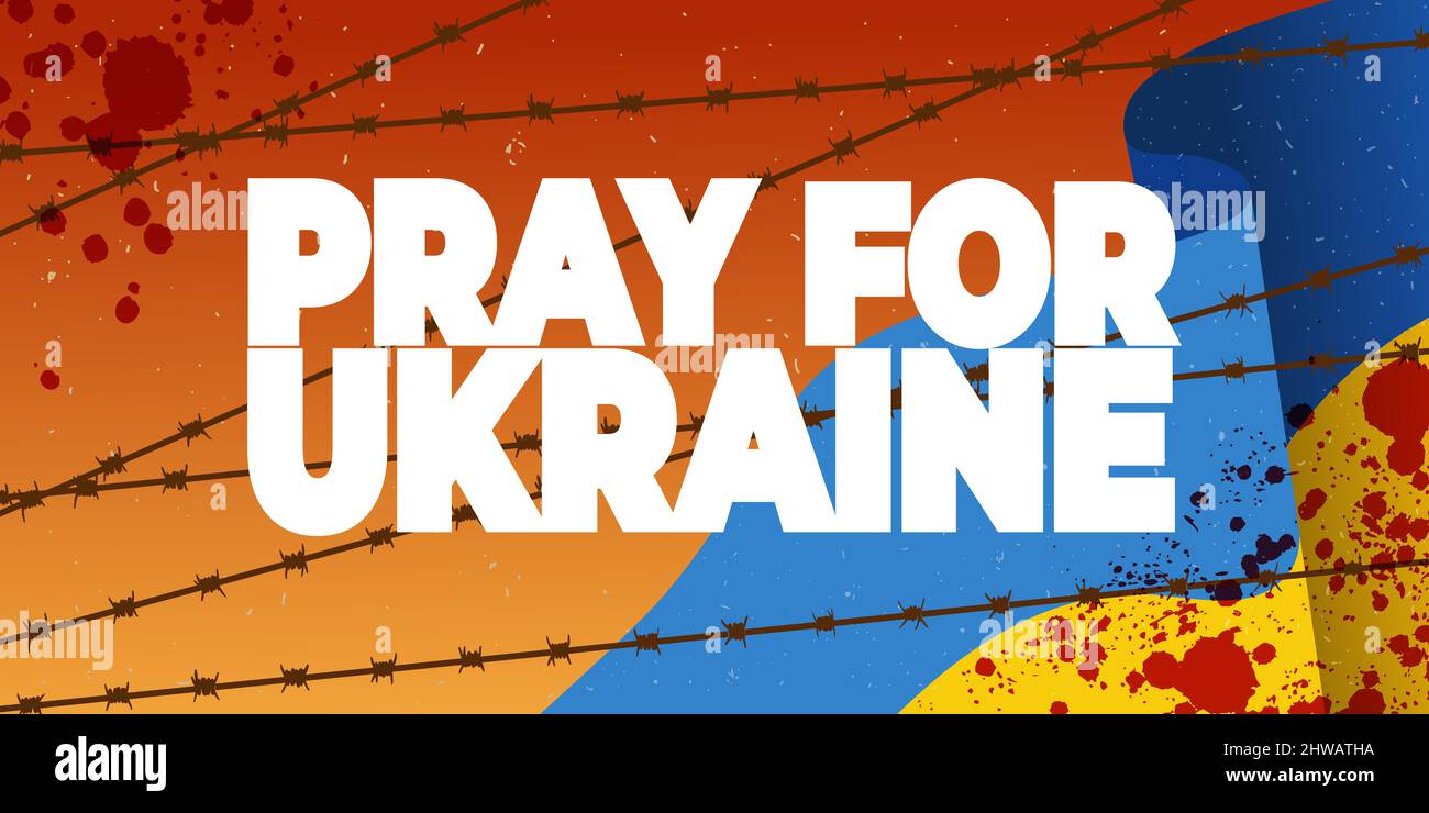 Sfondo orizzontale pregare per l'Ucraina. Concetto di preghiera bandiera Ucraina con illustrazione del vettore filo di Barb. Illustrazione Vettoriale