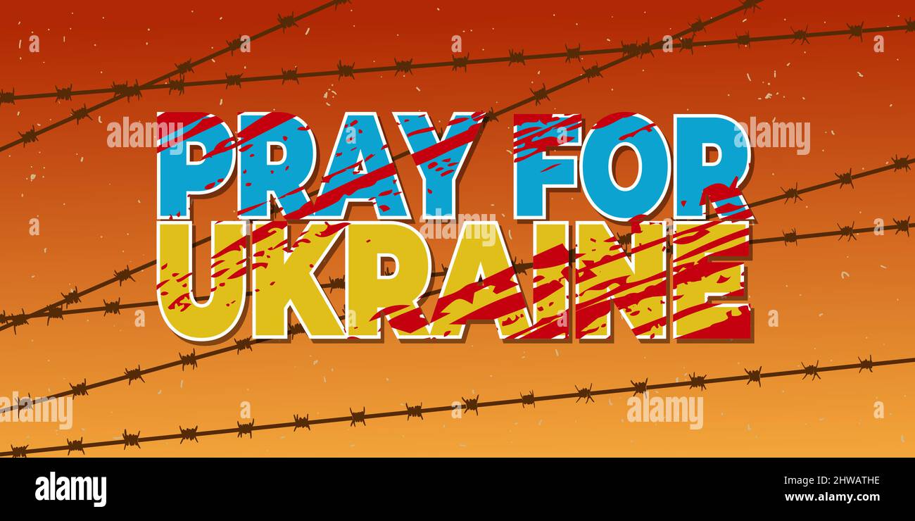 Sfondo orizzontale pregare per l'Ucraina. Concetto di preghiera bandiera Ucraina con illustrazione del vettore filo di Barb. Illustrazione Vettoriale