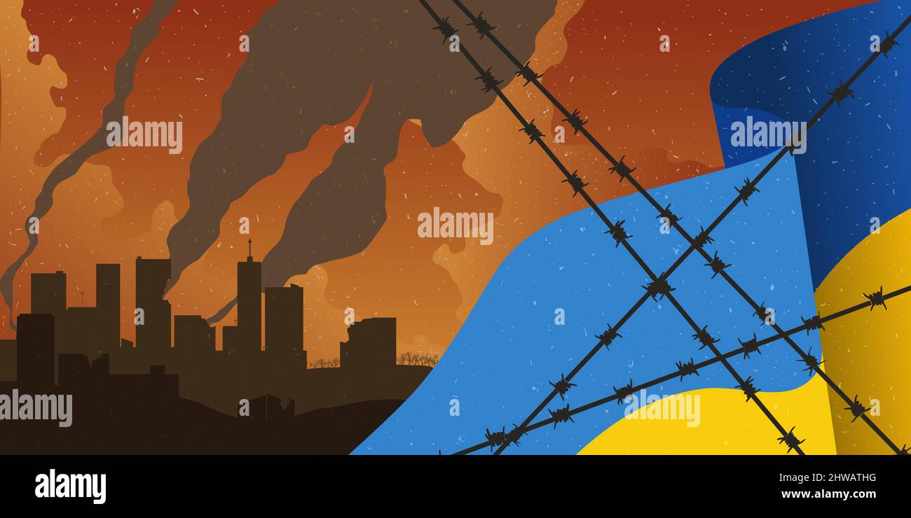 Guerra orizzontale di fondo in Ucraina. Concetto di bandiera Ucraina con filo di Barb e distrutta illustrazione vettoriale della città. Illustrazione Vettoriale