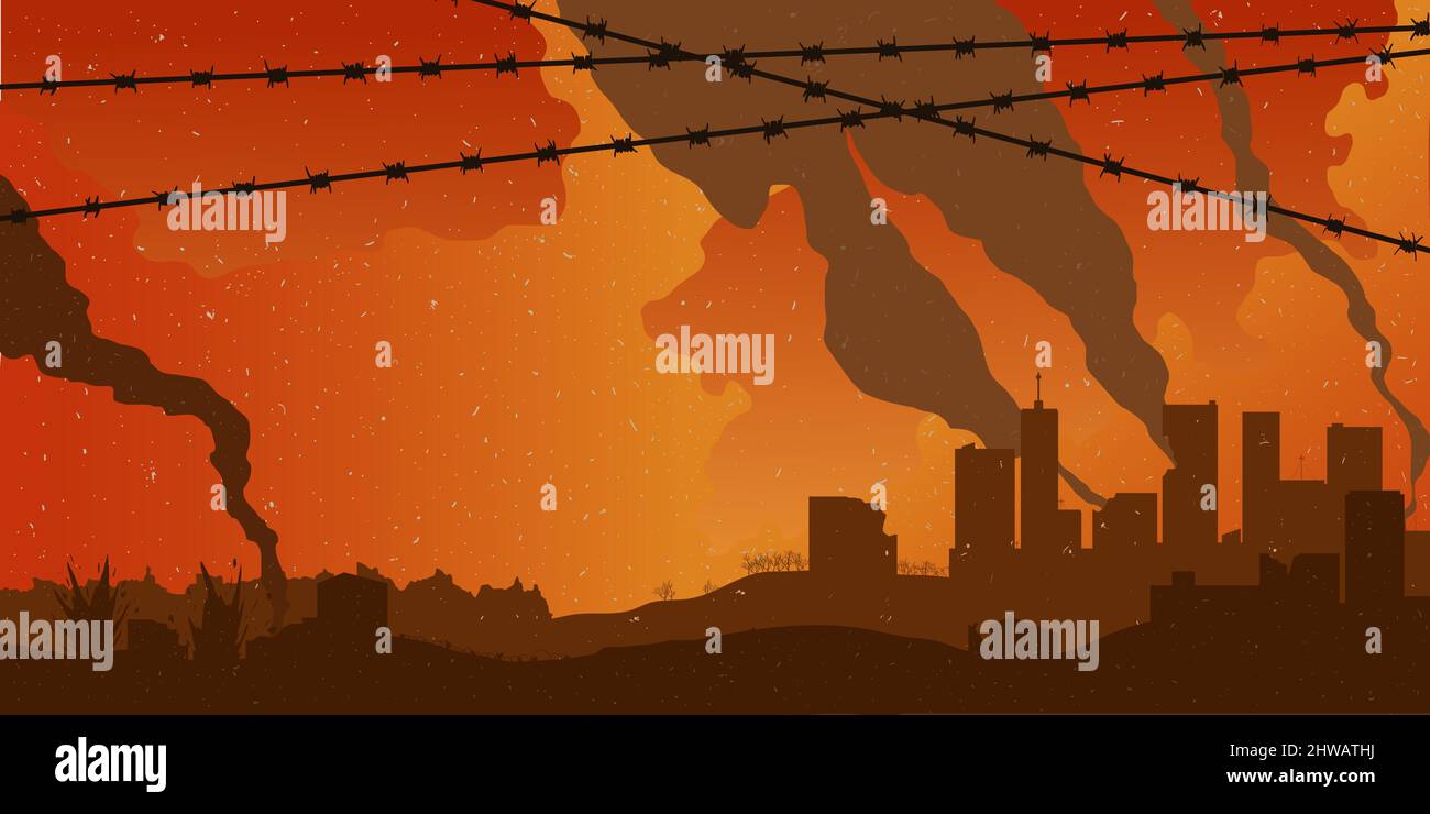 Sfondo orizzontale con la città distrutta e filo spinato. Banner di concetto di guerra con Barb Wire e illustrazione vettoriale della città. Illustrazione Vettoriale