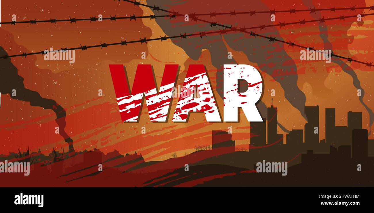 Sfondo orizzontale con città distrutta e filo di barbo e la guerra di testo. Banner di concetto di guerra con Barb Wire e illustrazione vettoriale della città. Illustrazione Vettoriale