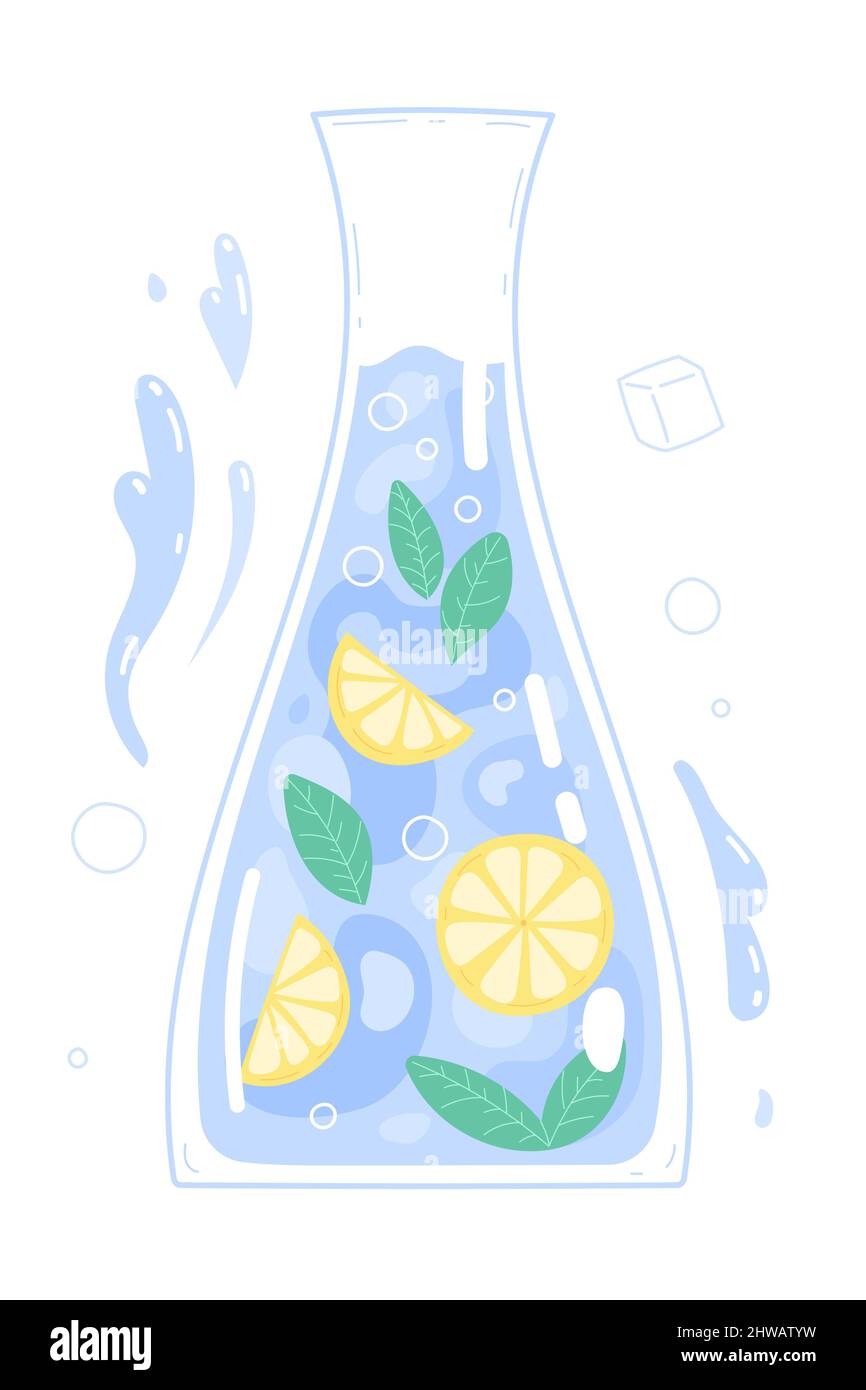 Acqua potabile pura con limone in caraffa di vetro. Illustrazione Vettoriale