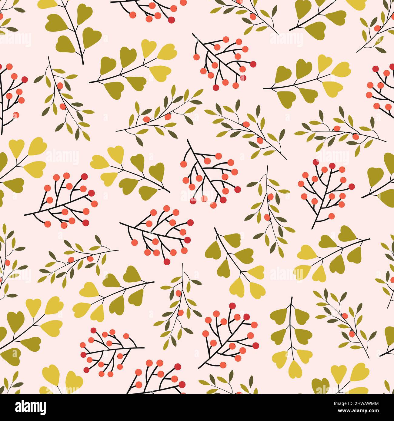 Moderno vettore alla moda senza cuciture floreali disegno modello ditsy di fiori, foglie e frutta. Elegante sfondo a trama ripetuta per stampe e tessuti Illustrazione Vettoriale