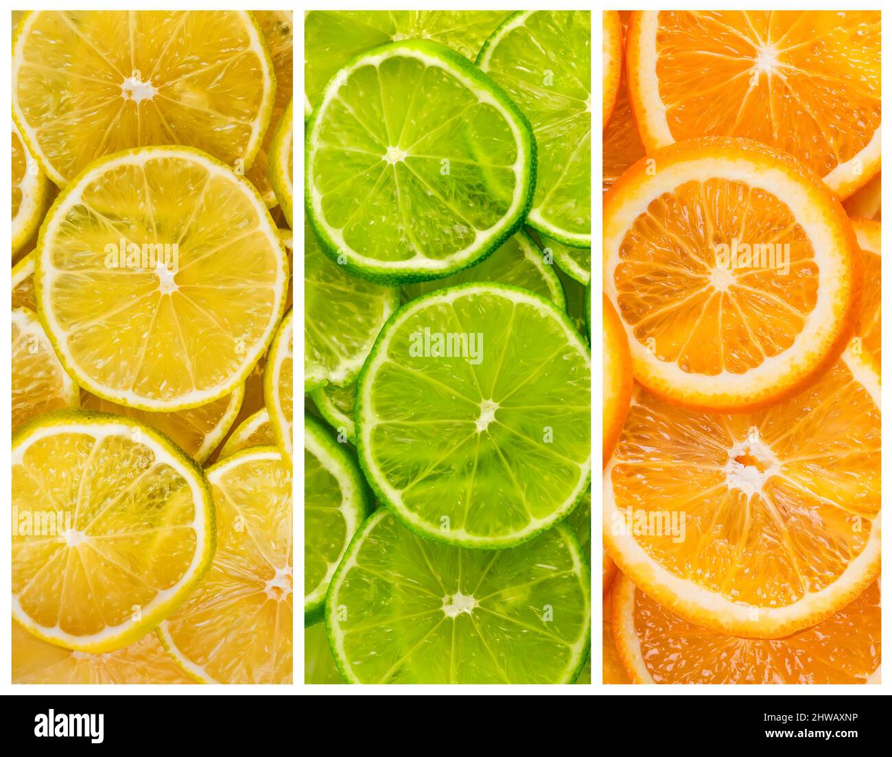 Fondo con agrumi di lime, fette di limone e arancia Foto Stock