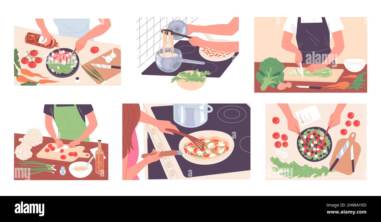 Le persone cucinano il cibo, preparano il pasto. Vari piatti di verdure Illustrazione Vettoriale