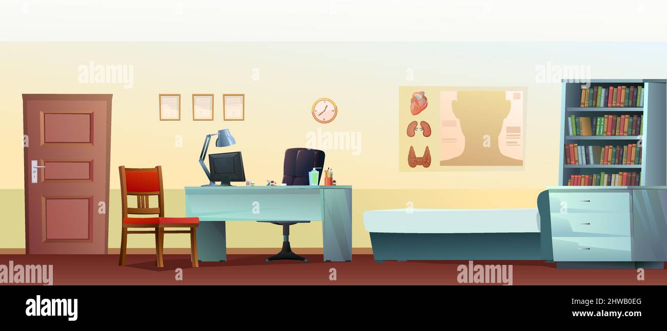 Ufficio medico. Scrivania con poltrona e PC. Lettino e sedia per pazienti. Poster medico e farmaci. Cartoon divertente stile orizzontale illustre Illustrazione Vettoriale