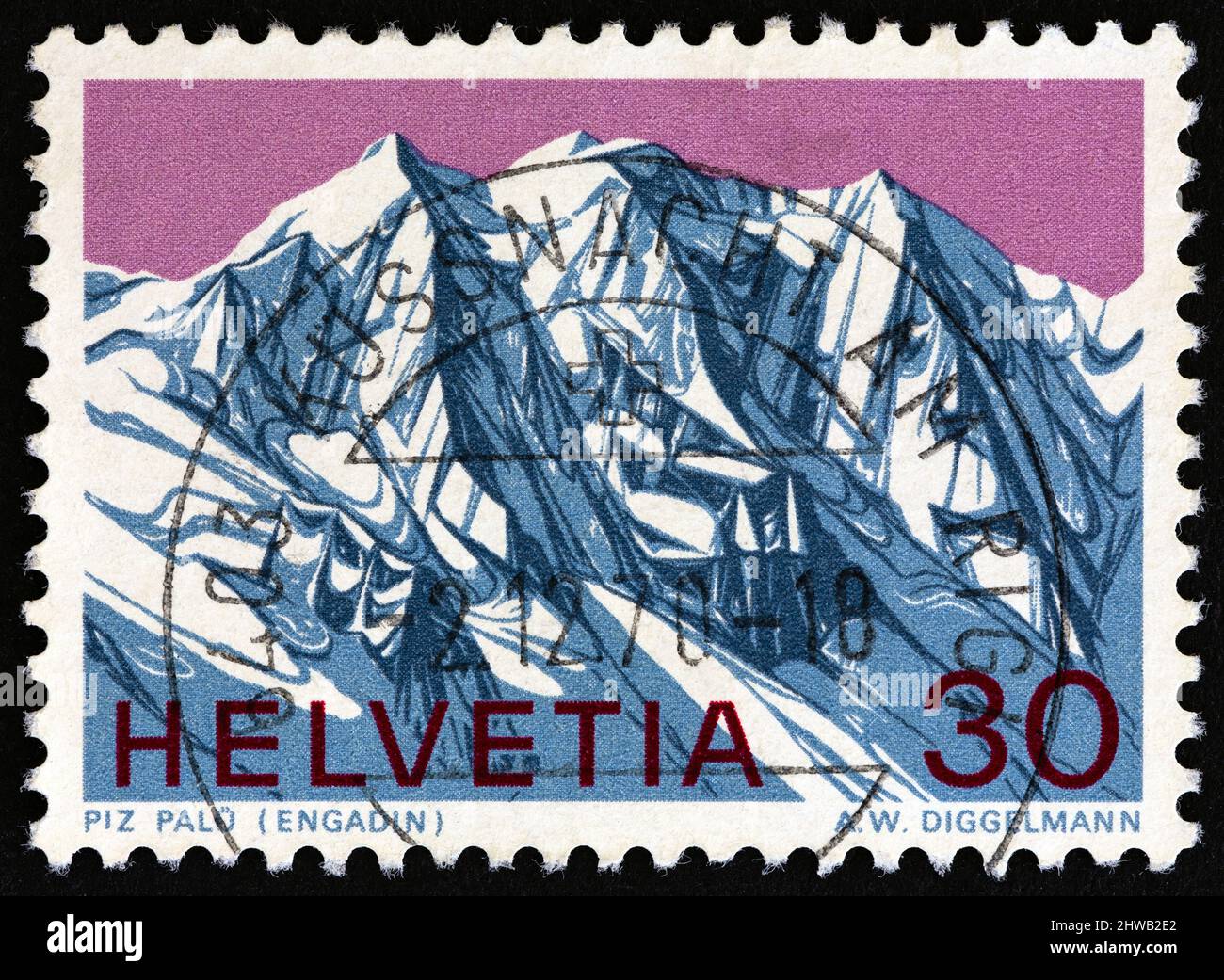 SVIZZERA - CIRCA 1970: Un francobollo stampato in Svizzera mostra Piz Palu montagna, circa 1970. Foto Stock