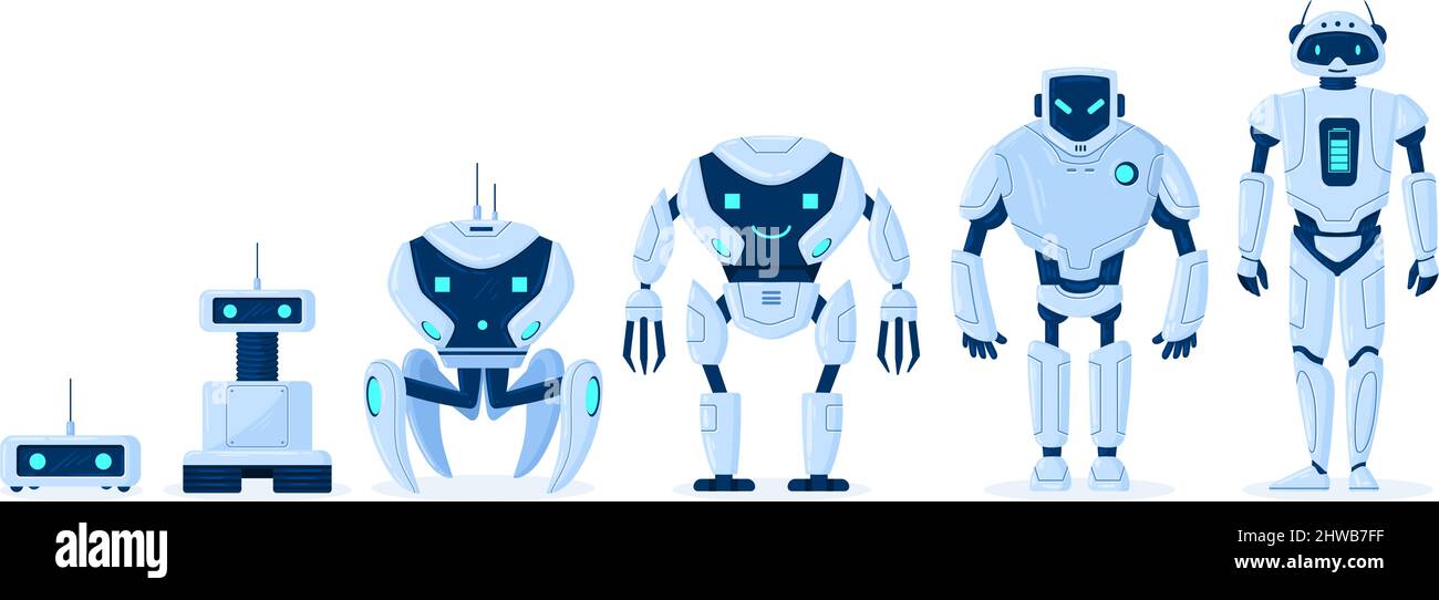 Evoluzione dei robot cartoon, sviluppo dei personaggi dei bot digitali. L'ingegneria dei robot progredisce dal droide primitivo al set di illustrazione vettoriale di ai cyborg Illustrazione Vettoriale