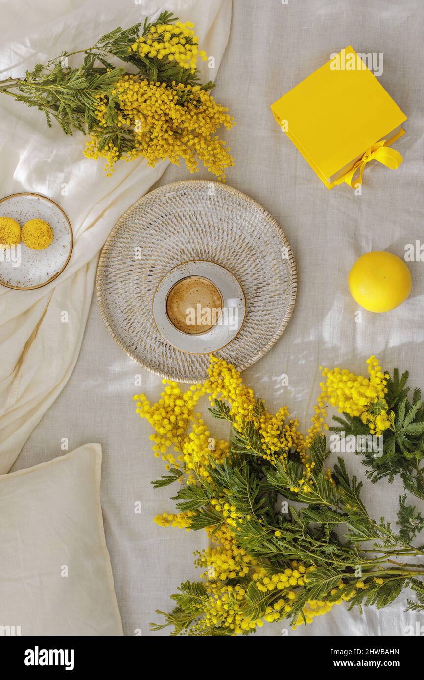 Rami di fiori gialli di mimosa su lenzuola di lino bianco, tazza o caffè, macaroon gialli francesi, pompelmo e confezione regalo gialla. Saluto per Inte Foto Stock
