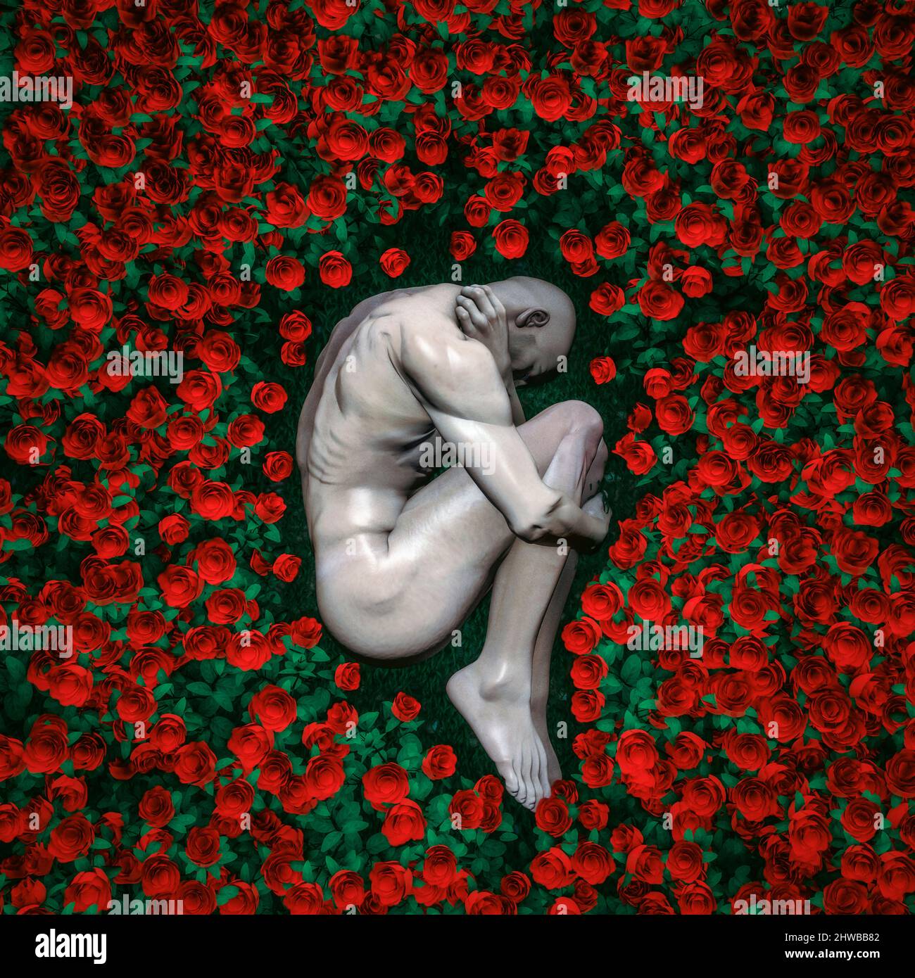 Salute mentale concetto di rosa - 3D illustrazione di figura maschile triste in posizione fetale che giace in giardino di rose Foto Stock