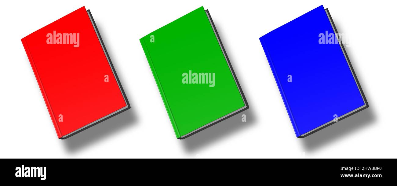 Blank book mockup RGB con ombra isolata su bianco. Illustrazione del rendering 3D. Foto Stock