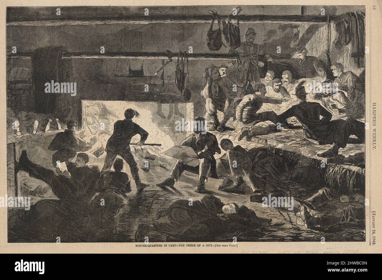 Winter Quarters in Camp – l'interno di un rifugio, da Harper’s Weekly, 24 gennaio 1863. Artista: Winslow Homer, americano, 1836–1910 Foto Stock