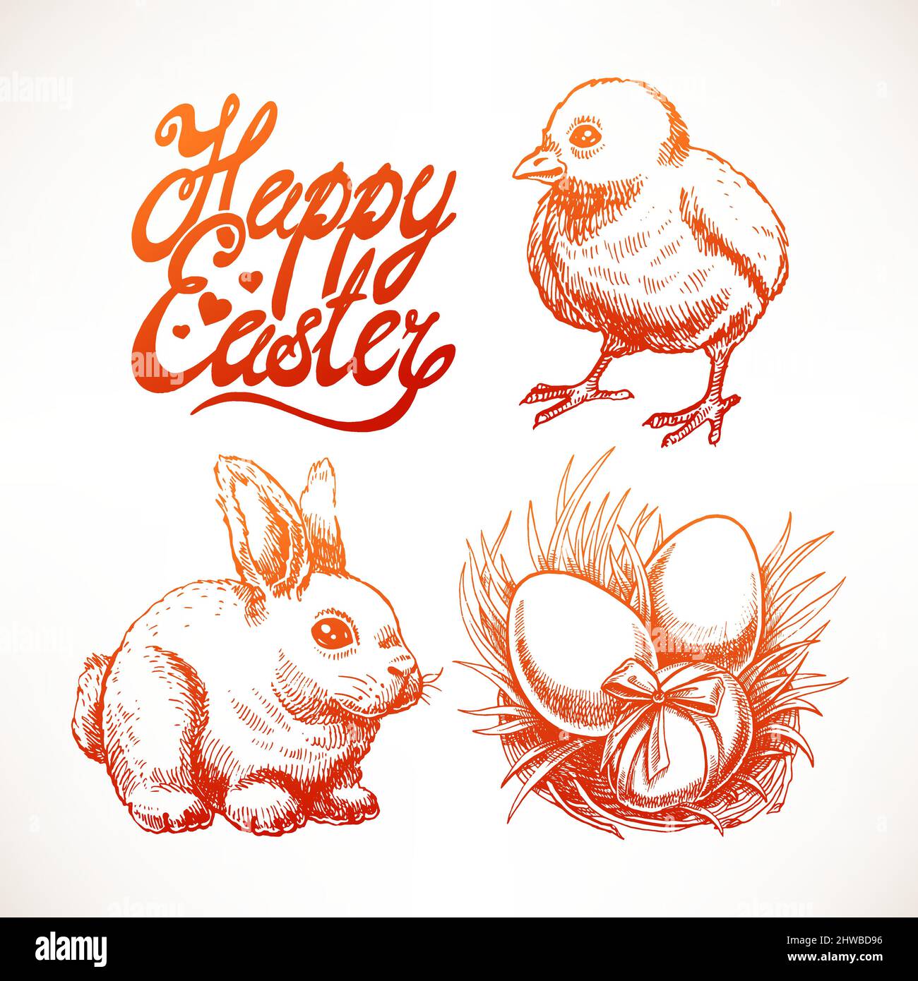 Set di schizzi di Pasqua con simpatico coniglio, pollo e nido con uova colorate. Illustrazione disegnata a mano Illustrazione Vettoriale