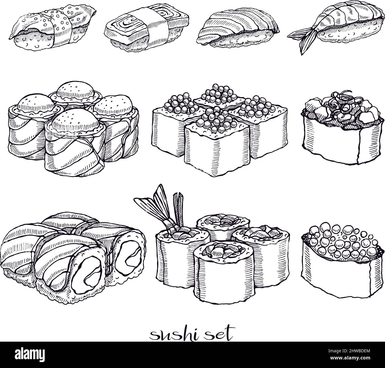 Set di diversi tipi di deliziosi panini e sushi. Illustrazione disegnata a mano Illustrazione Vettoriale