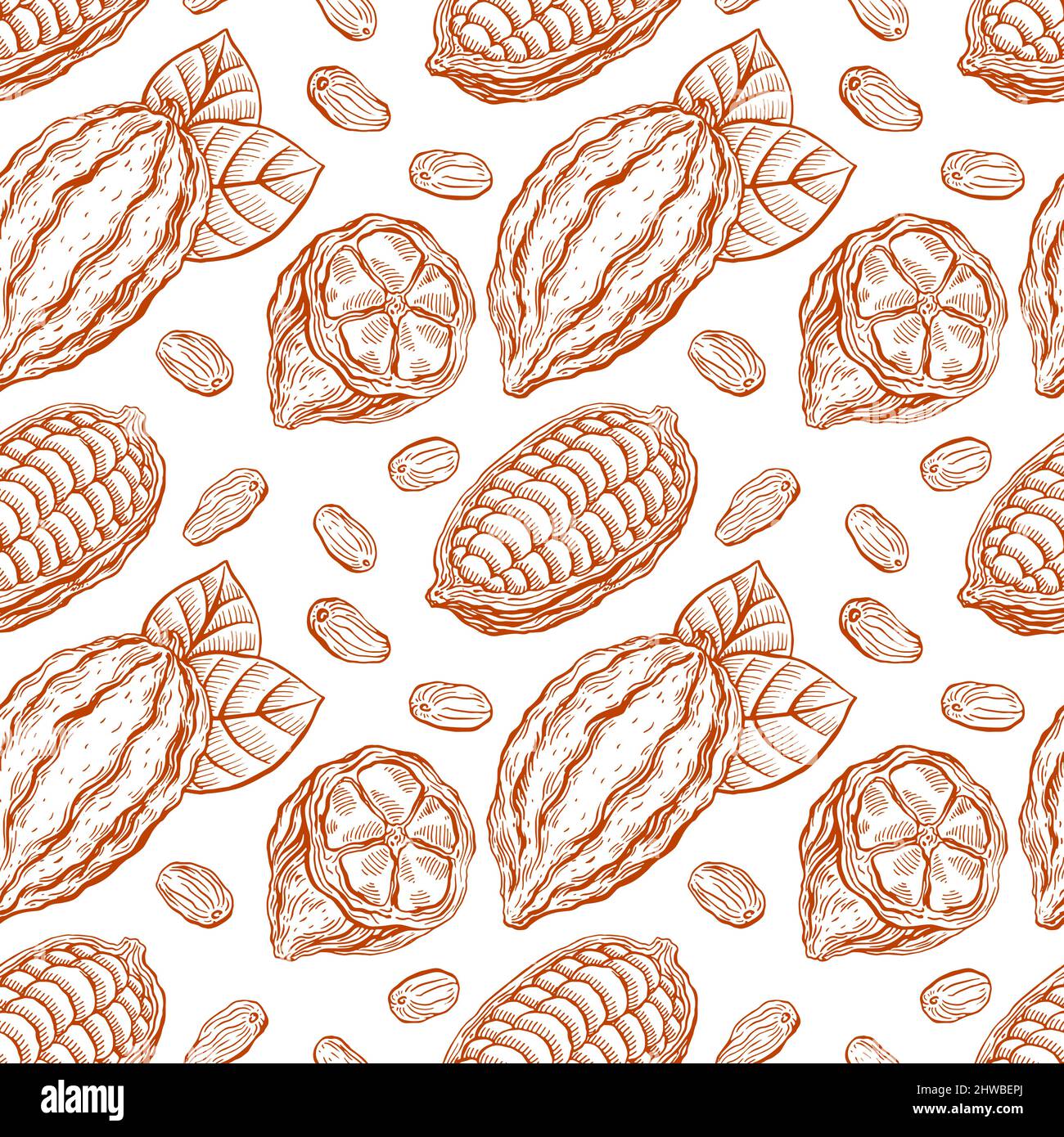 sfondo senza giunture di cacao fagioli, frutta e foglie. illustrazione disegnata a mano Illustrazione Vettoriale