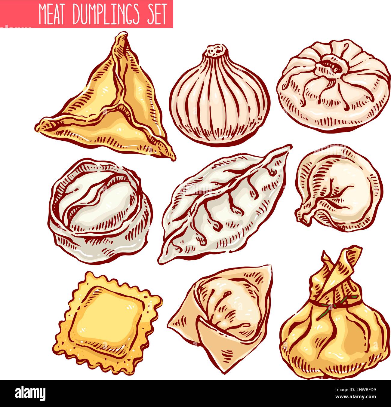 appetitoso set di gnocchi diversi. illustrazione disegnata a mano Illustrazione Vettoriale