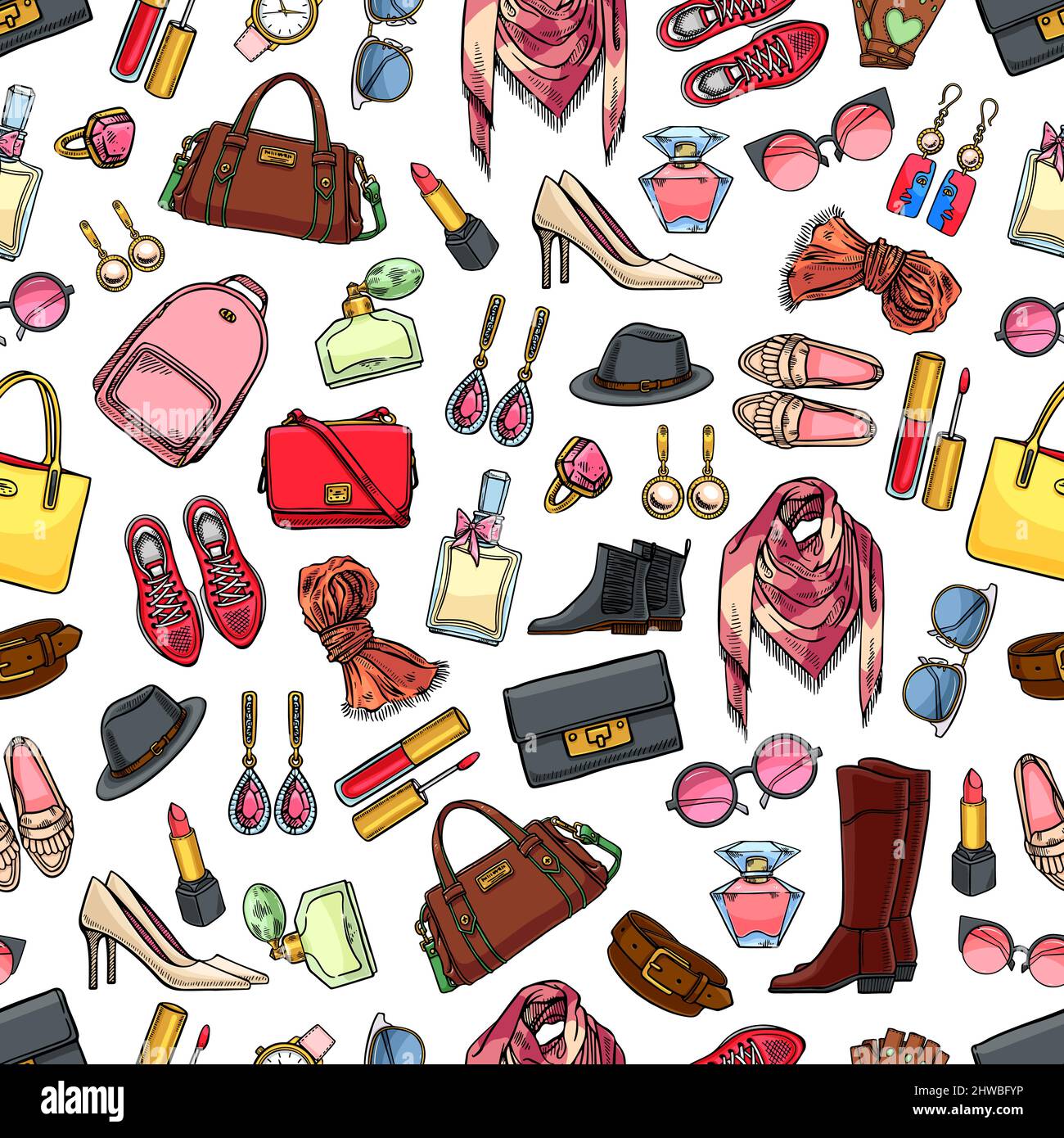Carino sfondo senza cuciture di abbigliamento femminile, scarpe e accessori. Illustrazione disegnata a mano Illustrazione Vettoriale