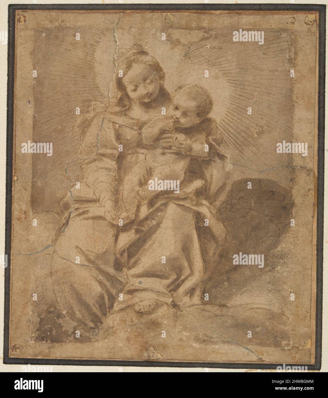 Madonna e Bambino, basata sulla incisione di Barocci Madonna e Bambino nelle nuvole. Artista, seguace di: Federico Barocci, italiano, 1528–1612 artista, precedentemente attribuito a: Pietro Faccini, italiano, 1562-1602 Foto Stock