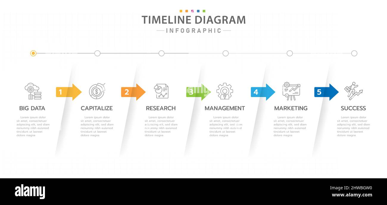 Modello infografico per le aziende. 6 passi Calendario cronologico con icone moderne, infografica vettoriale di presentazione. Illustrazione Vettoriale