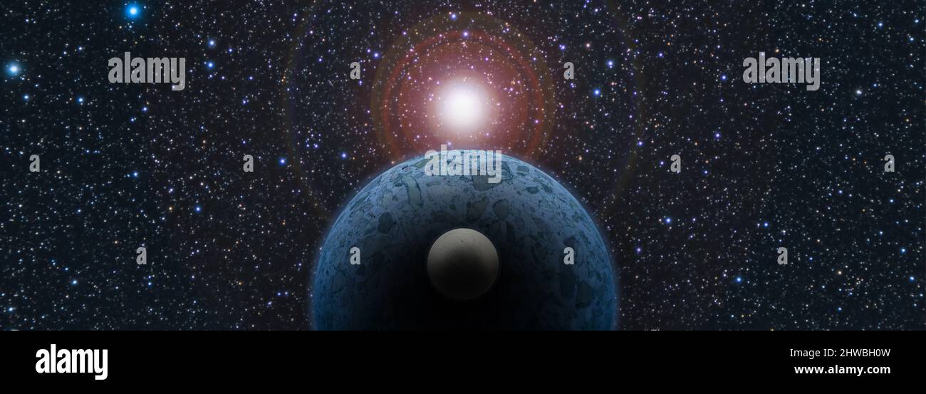 Stella nana rossa allineata con un exoplanet e la sua luna. Alba sul mondo alieno. Banner di rendering a 3D spazi Foto Stock