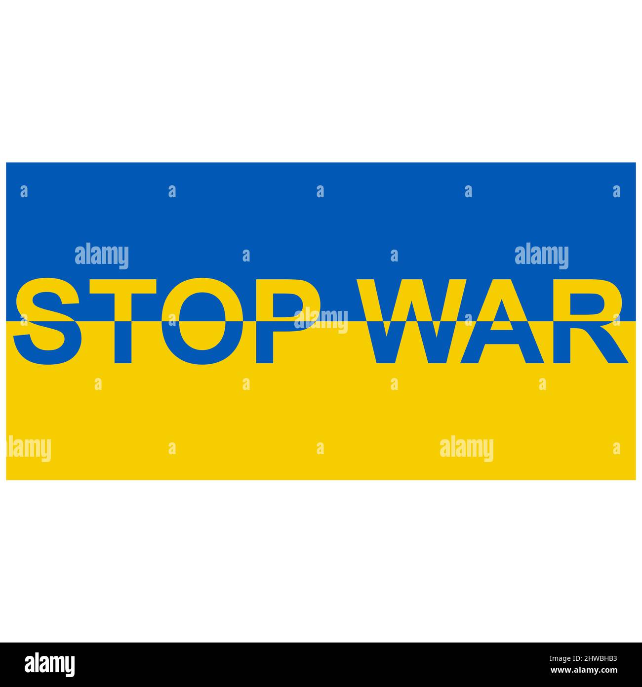 Bandiera Ucraina con il testo motto STOP war, bandiera blu gialla ucraina fine war Illustrazione Vettoriale