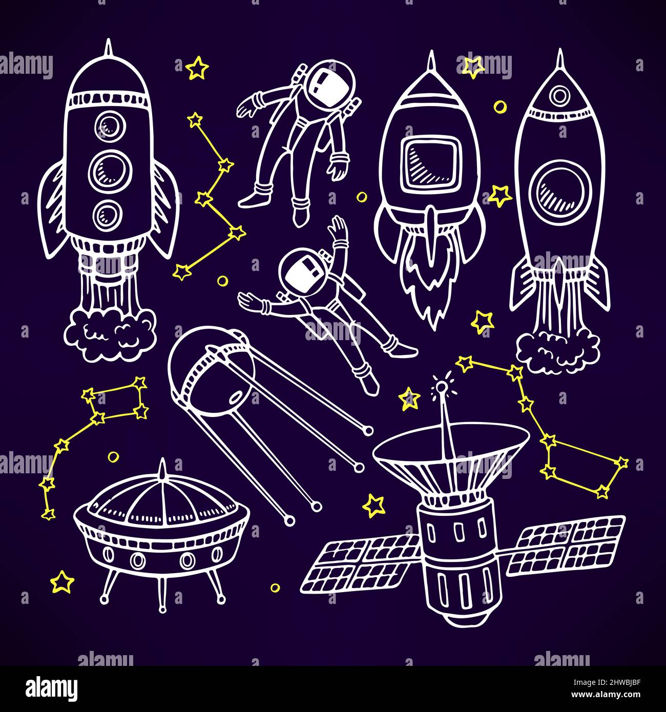 set cosmico con simpatici razzi e astronauti. illustrazione disegnata a mano Illustrazione Vettoriale