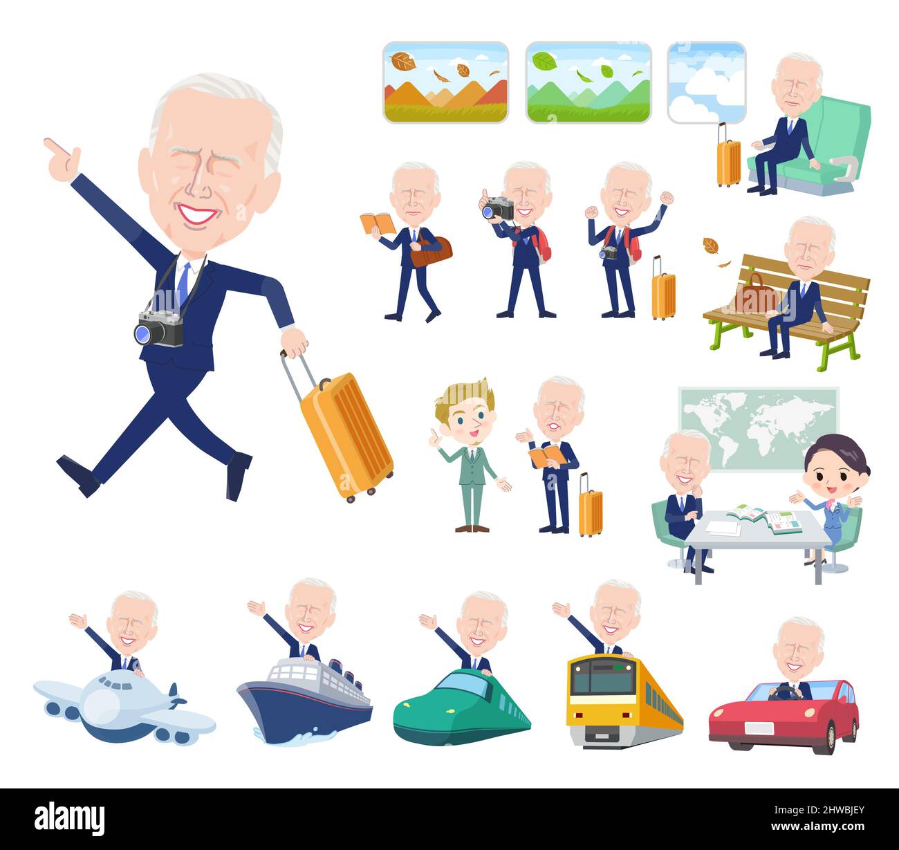 Una serie di uomini di mezza età in viaggio. È l'arte vettoriale così facile da modificare. Illustrazione Vettoriale