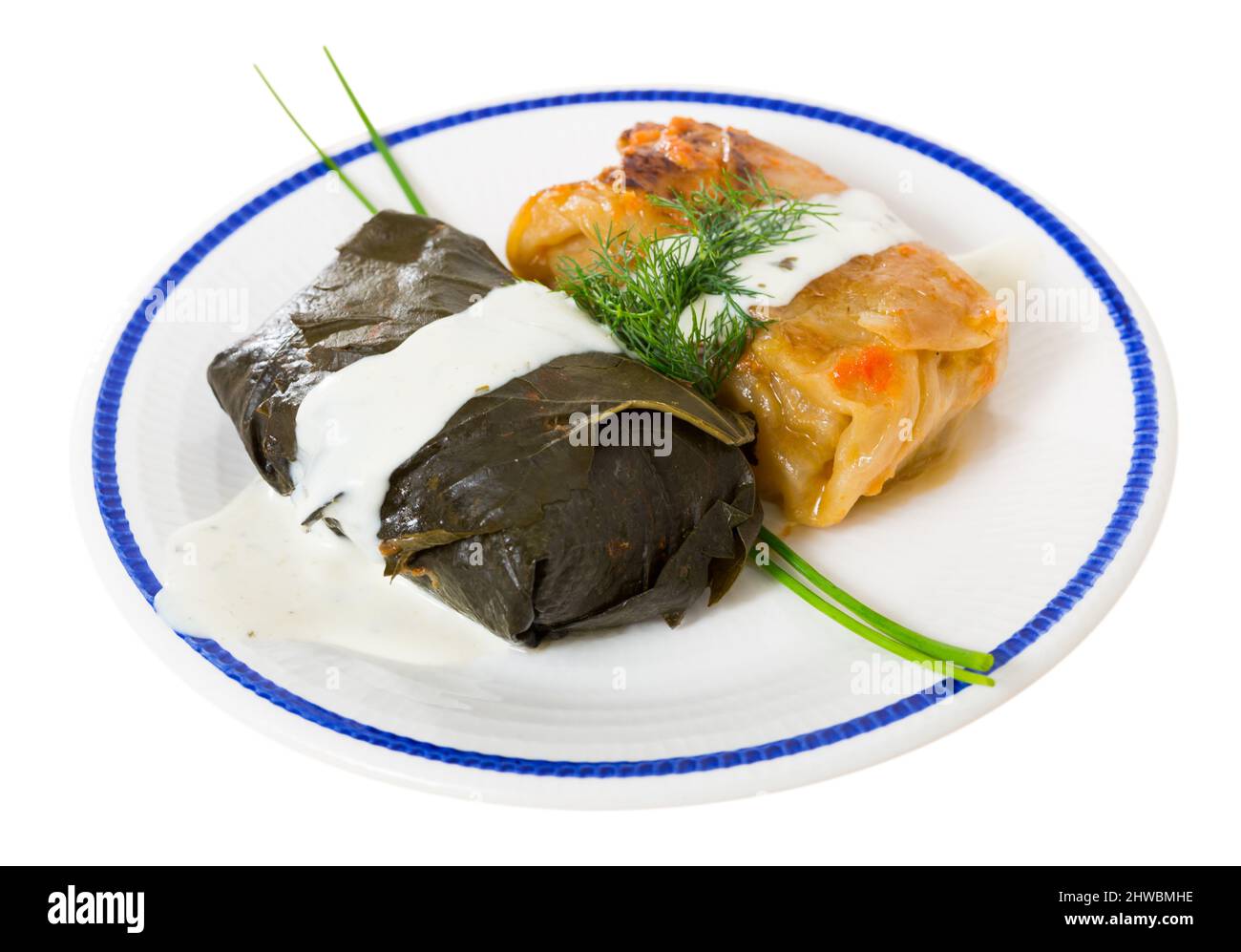 Piatto tradizionale orientale della cucina europea - cavolo ripieno e dolma con panna acida fresca e erbe aromatiche. Isolato su sfondo bianco Foto Stock