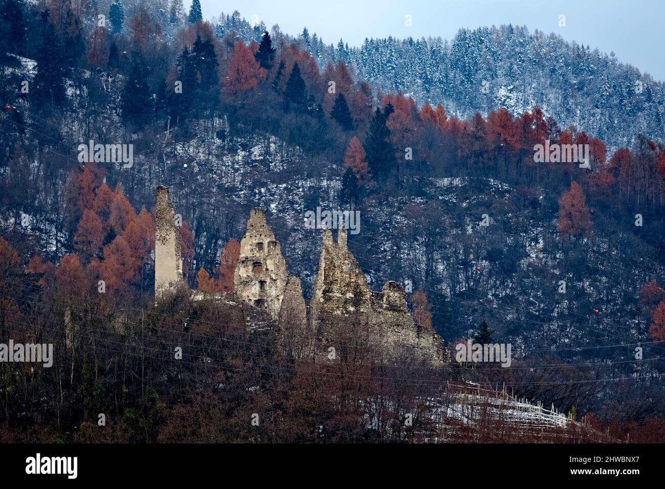 Le rovine medievali del Castello di Selva nei boschi di Levico Terme. Valsugana, provincia di Trento, Trentino Alto Adige, Italia, Europa. Foto Stock