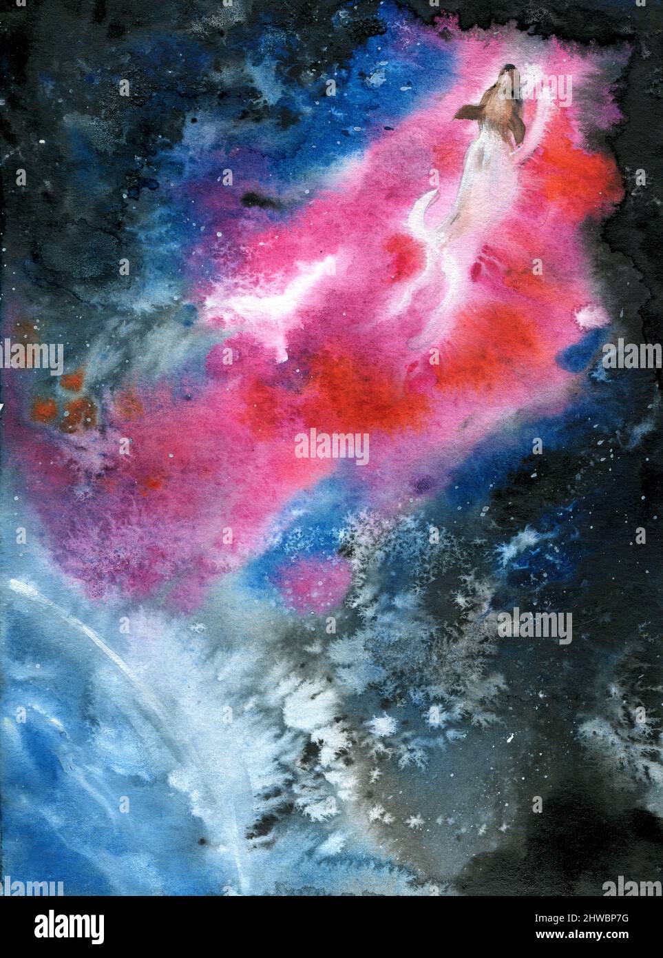 Cane che galleggia nello spazio, Laika acqua colore illustrazione, pittura Foto Stock