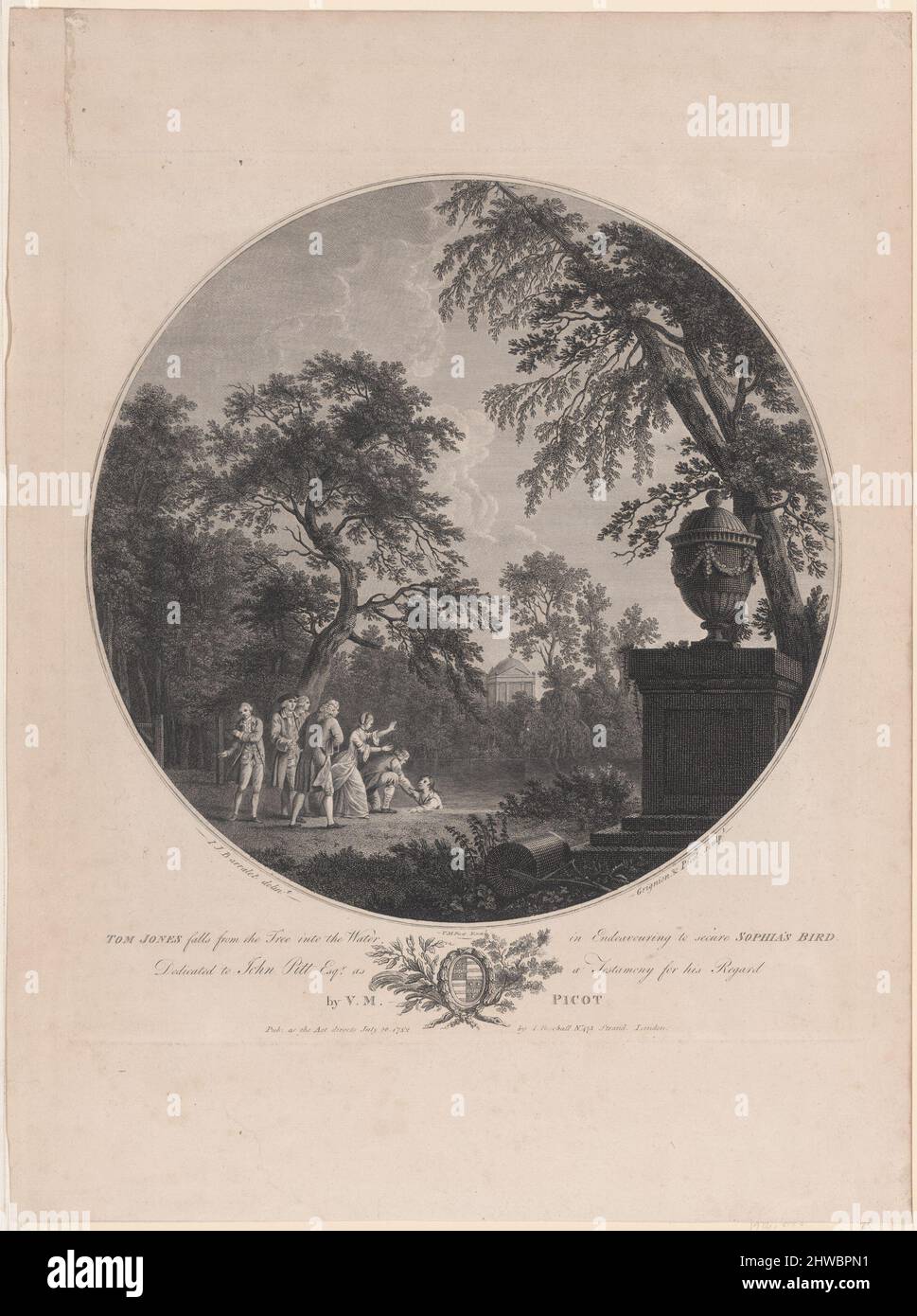 Tom Jones cade dall’albero nell’acqua, nel tentativo di proteggere l’uccello di Sophia. Artista: V. M. Picot, francese, 1744–1805After: John James Barralet, americano, nata Irlanda, ca. 1747–1815 artista: Charles Grignion i, inglese, 1717–1810 Foto Stock