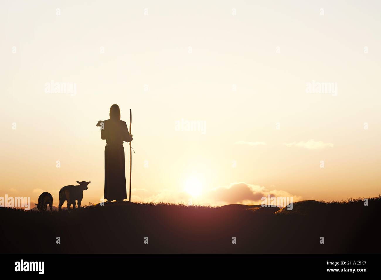Immagine di sfondo della Chiesa usata con la croce che simboleggia la morte e la risurrezione di Gesù Cristo, il pastore che tiene l'agnello e guida la shee Foto Stock