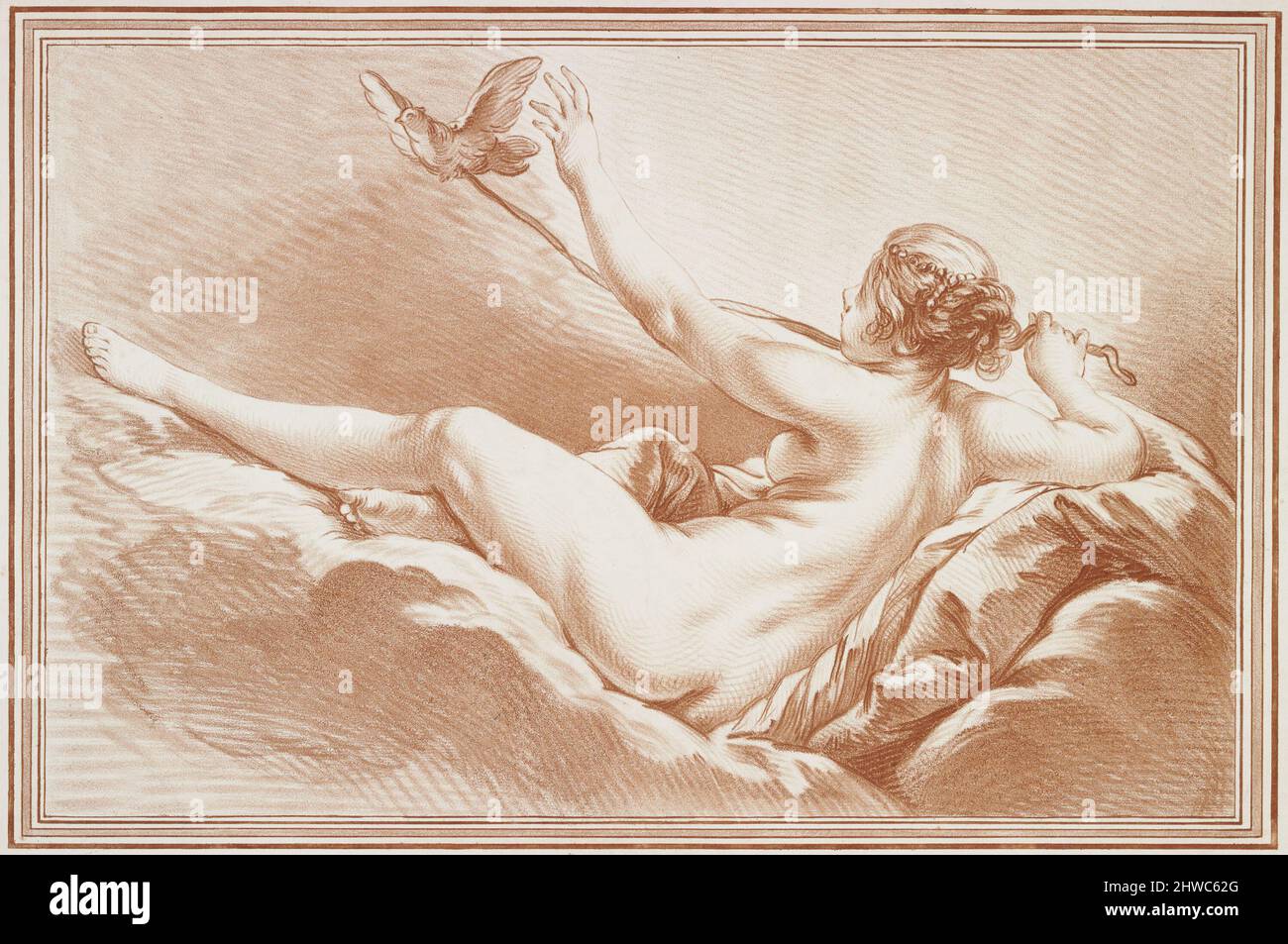 Vénus sur les nuées, ritentant une colombe (Venus Reclining, Holding a dove by a Ribbon). Incisore: Louis-Marin Bonnet, francese, 1736–1793After: Boucher, francese, 1703–1770 Foto Stock